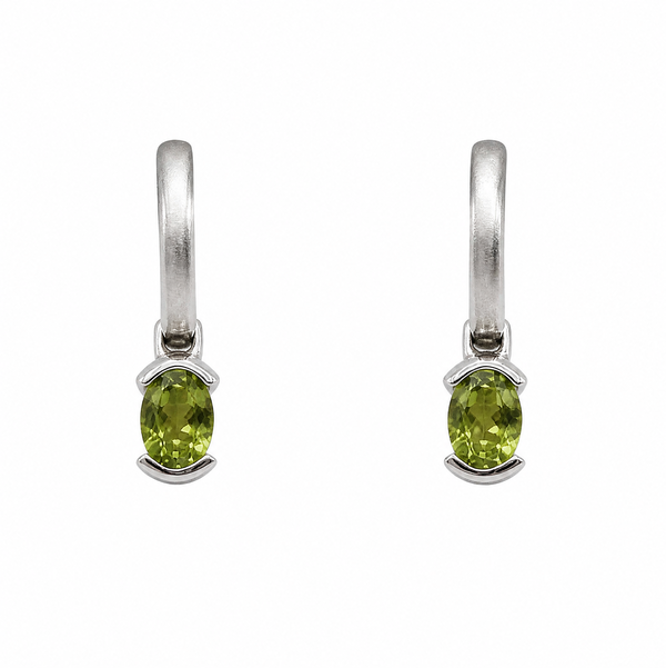Closeup photo of 14K WG Brushed .65tcw Oval Peridot Drop Earrings 4.8g,
