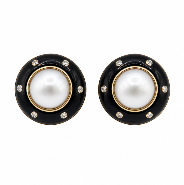 Closeup photo of 14K YG Trianon Mabe Pearl, Onyx & .12tcw RBC Diamond Disc Earrings 21.7g, 25mm