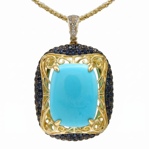 Closeup photo of 14K YELLOW GOLD SAPPHIRE AND TURQUOISE PENDANT WITH CHAIN