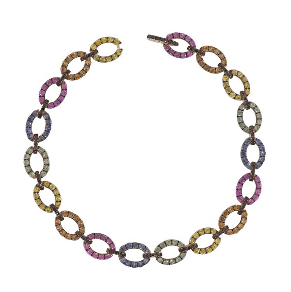 Closeup photo of 14K YELLOW GOLD TREATED BLACK DIAMOND AND MULTICOLOR SAPPHIRE BRACELET