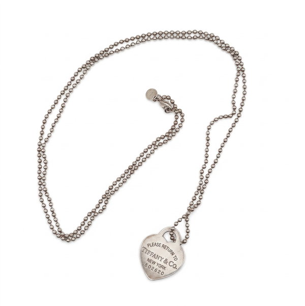 Closeup photo of 925 Sterling Tiffany & Co. Heart Tag Ball Chain Necklace 24.7g 34"