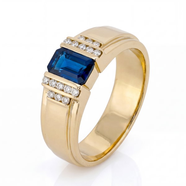 Closeup photo of 14K YELLOW GOLD DIAMOND AND SAPPHIRE MEN'S RING