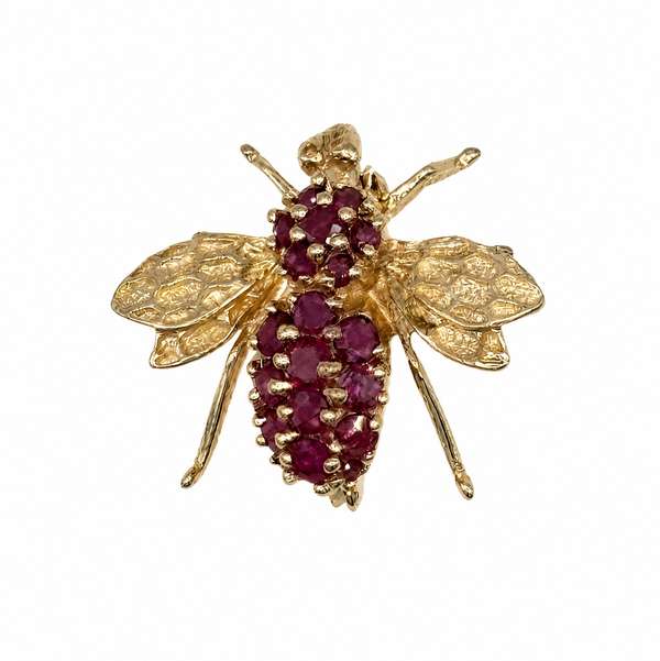 Closeup photo of 14K YG Pave 1.00tcw Ruby Bee Brooch Pendant 3.5g, 24mm