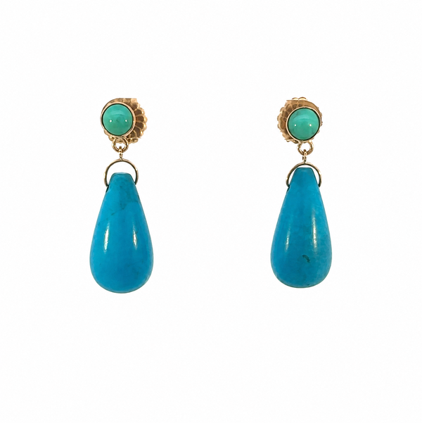 Closeup photo of 14K YG 25tcw Teardrop Turquoise & Green Turquoise Drop Earrings 11.6g, 1.6"