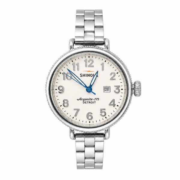 Closeup photo of Shinola SS Birdy Argonite 775 34mm White Dial, Steel Strap Watch, Card & Box