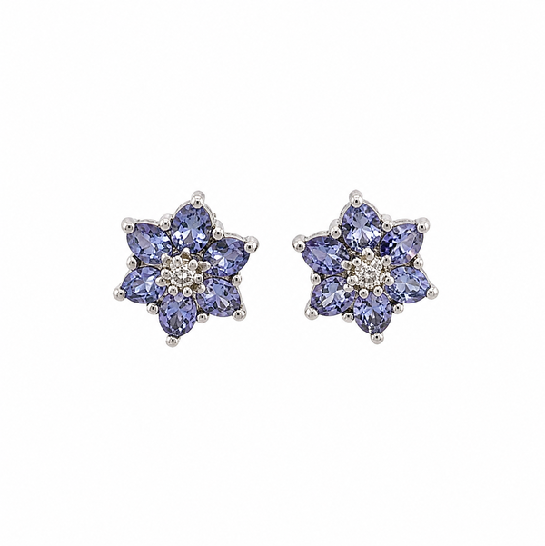 Closeup photo of 14K WG 1.60tcw Oval Tanzanite & .04tcw Diamond Flower Earrings 3.3g