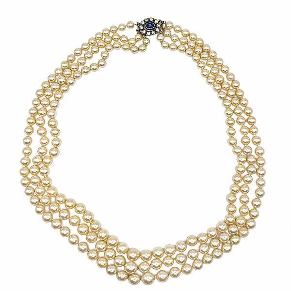 Closeup photo of Silver on 16K YG Victorian .90tcw Old Mine Diamond Triple 9-6mm Pearl Strand Necklace 90.8g, 18"