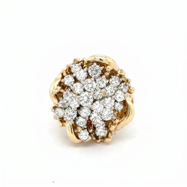 Closeup photo of 14K YG 1960's 2.50tcw Cluster RBC Diamond Open Nugget Ring 13.3g, s6.5