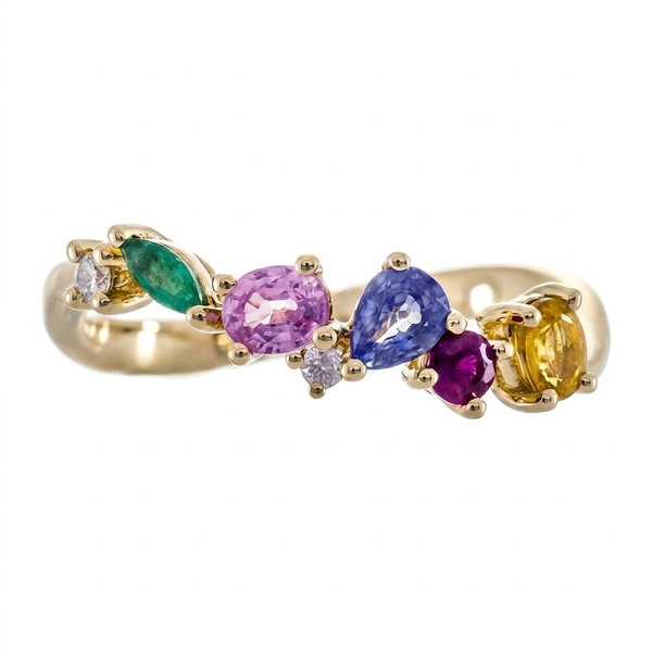 Closeup photo of 14k Yellow Gold .67ct Mixed Gemstone Band