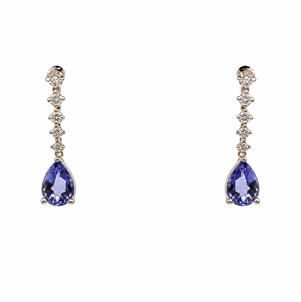 Closeup photo of 18K YG 1.00tcw Pear Tanzanite & .10tcw RBC Diamond Drop Earrings 1.9g, .77"
