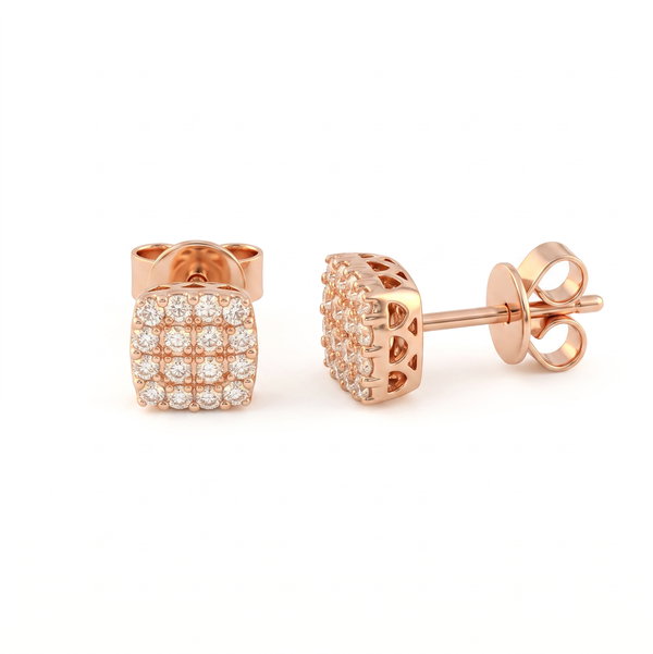 Closeup photo of 18K RG .30tcw RBC Cluster RBC Diamond Cushion Stud Earrings 2.3g, 6.7mm