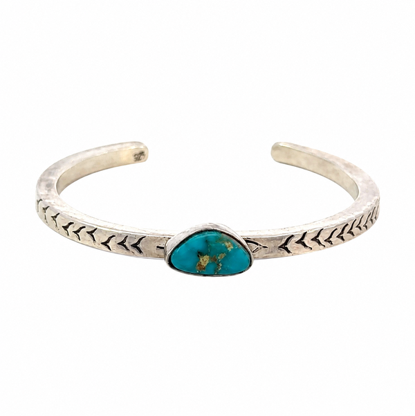 Closeup photo of 925 Sterling Native JB Single Turquoise Engraved Cuff Bracelet 26.9