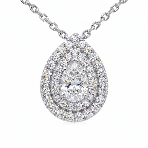 Closeup photo of Platinum .77ct Pear H-VVS2 GIA & .54tcw Diamond Double Halo Pendant Necklace 13.2g, 18"
