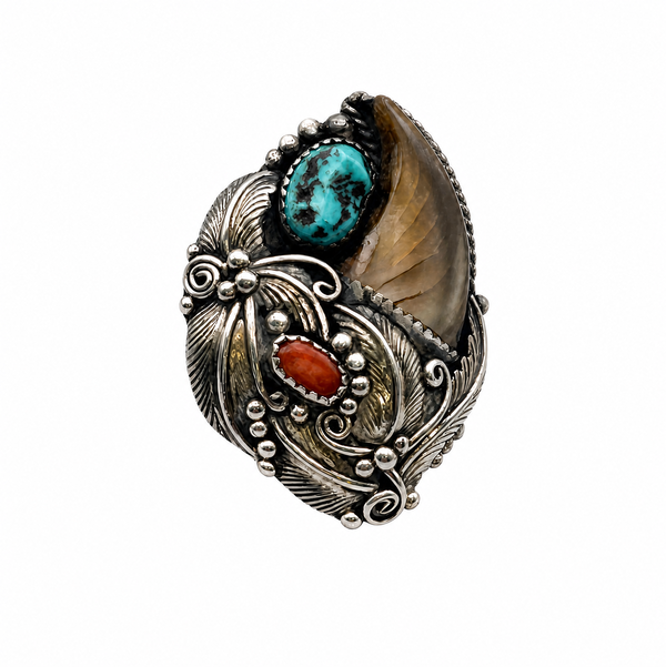 Closeup photo of 925 Sterling Native Turquoise Coral Talon Ring 16.1g s9