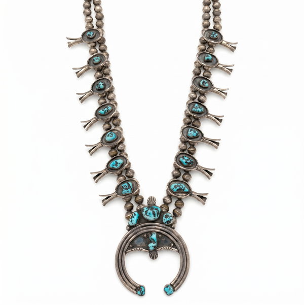 Closeup photo of Sterling Silver Navajo Indian Squash Blossom with Turquoise