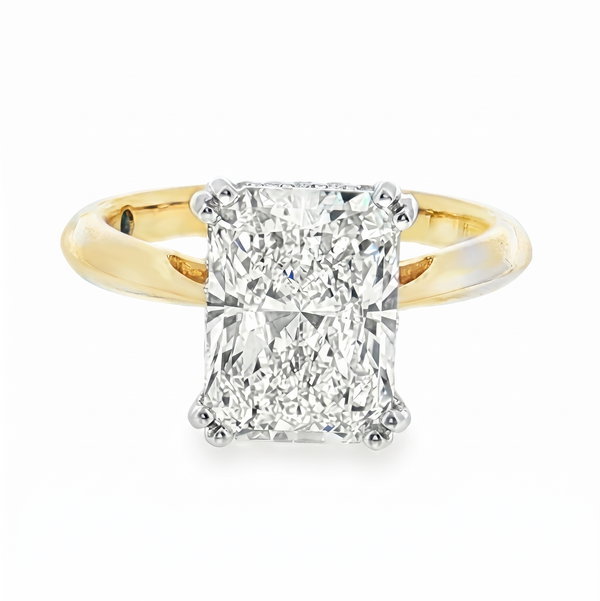 14KYW 4.19CT E/VS1 IGI#LG783657300 LAB GROWN RADIANT CUT DIAMOND & .01CT 22 RB LAB GROWN DIA'S HIDDEN HALO DOUBLE PRONG ENGAGEMENT RING