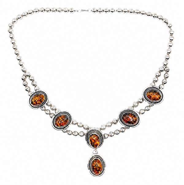 Closeup photo of 925 Sterling Native Ella Peter Amber Squash Blossom Necklace 67.9g,