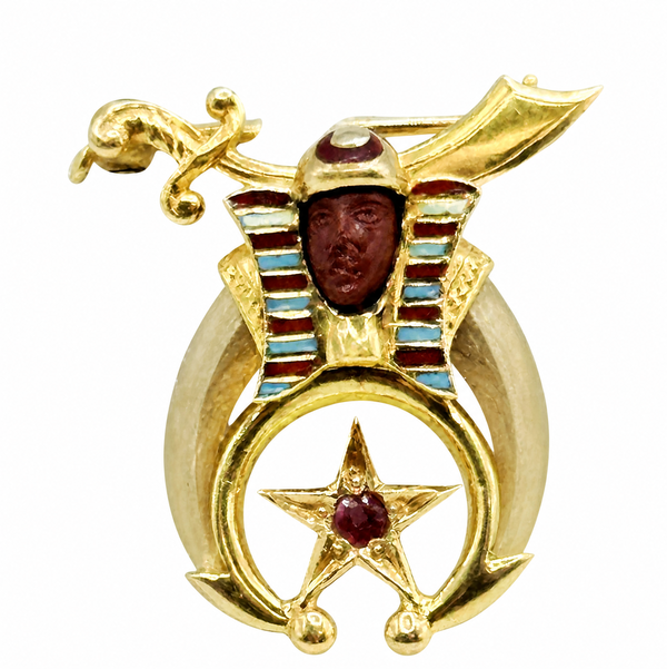 Closeup photo of 14K YG Jasper & Enamel Egyptian Pharaoh & Sword Brooch 2.8g