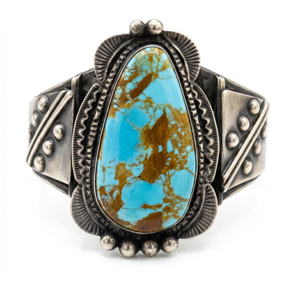 Closeup photo of Sterling Silver Navajo Indian Cuff Bracelet with Turquoise
