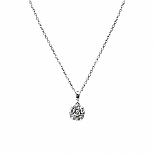 Closeup photo of 18K WG Petite .15tcw Diamond Circle Cluster Pendant Necklace 2.4g, 18"