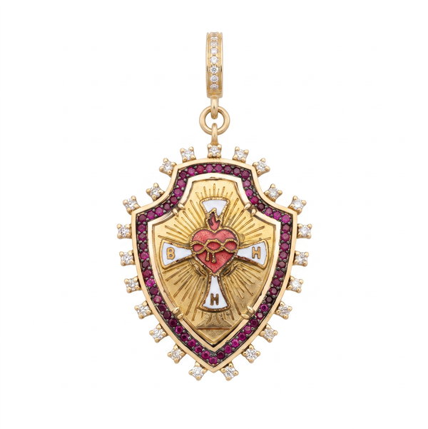 Closeup photo of Antique Sacred Heart Enamel Ruby Shield In 14K Yellow Gold