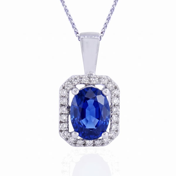 Closeup photo of 14K WHITE GOLD DIAMOND AND SAPPHIRE PENDANT WITH CHAIN