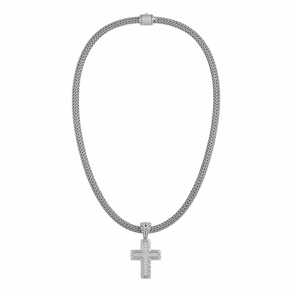 Closeup photo of 925 18K Sterling John Hardy .30tcw Diamond Cross Pendant Necklace 41.0g, 16"
