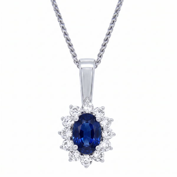 Closeup photo of 14K WHITE GOLD DIAMOND AND SAPPHIRE PENDANT WITH CHAIN