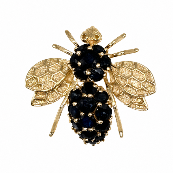 Closeup photo of 14K YG Pave 2.50tcw Sapphire Bee Brooch Pendant 6.2g, 27mm