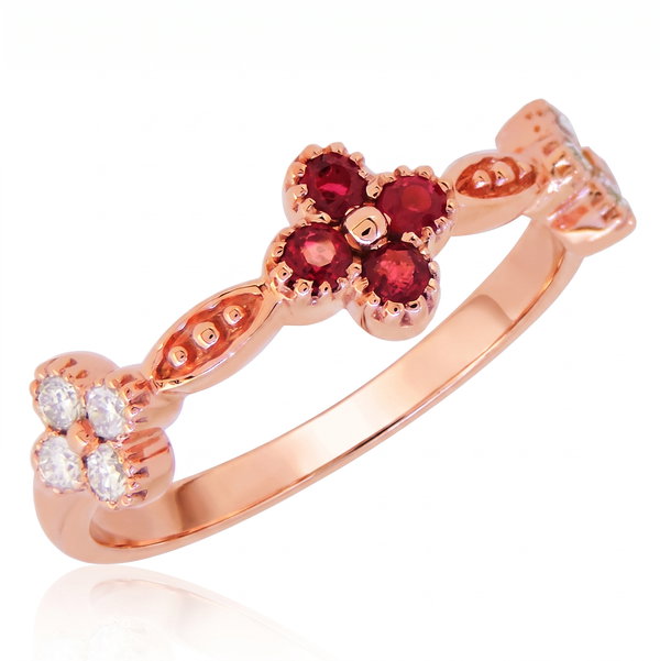 Closeup photo of 14K ROSE GOLD DIAMOND AND RUBY CLOVER RING