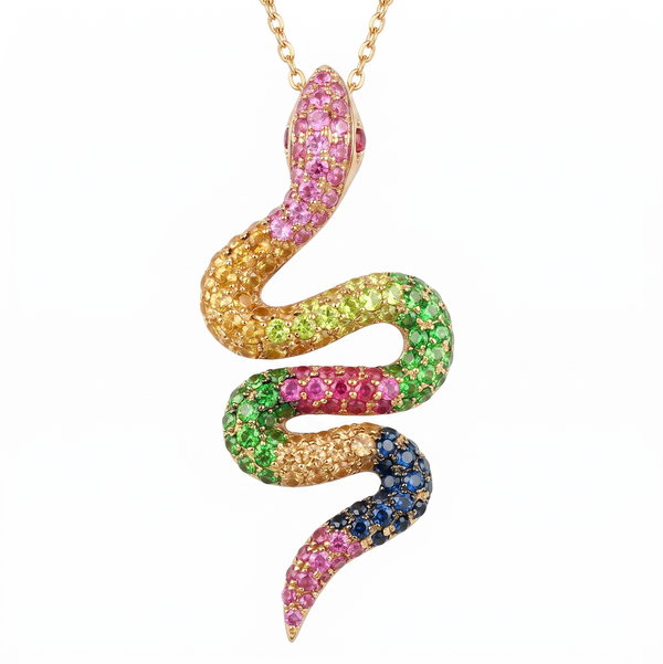 Closeup photo of 14K ROSE GOLD TSAVORITE, MULTICOLOR SAPPHIRE AND RUBY SNAKE PENDANT WITH CHAIN
