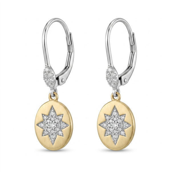 Closeup photo of 14K White and Yellow Gold Diamond .15ct Star Earrings