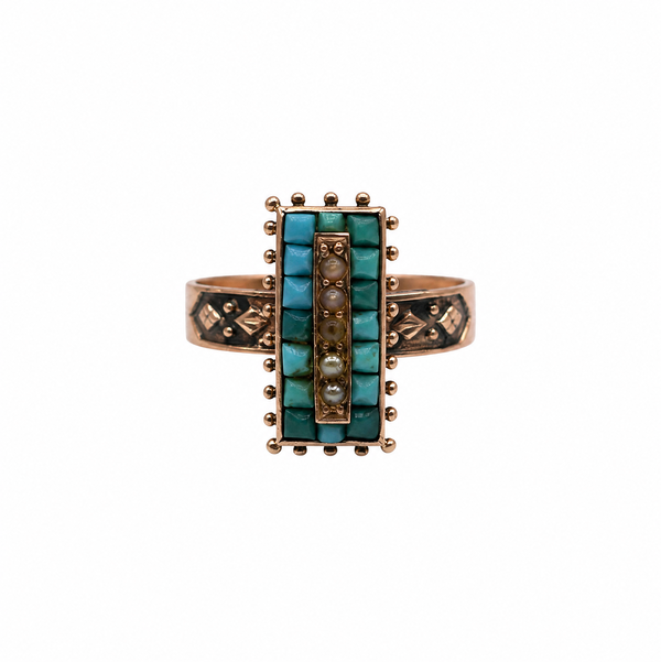 Closeup photo of 14K YG Victorian Turquoise & Pearl Engraved Rectangular Ring 3.5g, s6.5