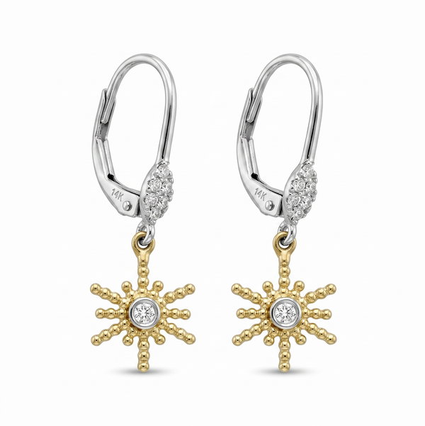 Closeup photo of 14K White and Yellow Gold Diamond .10ct Sun Earrings
