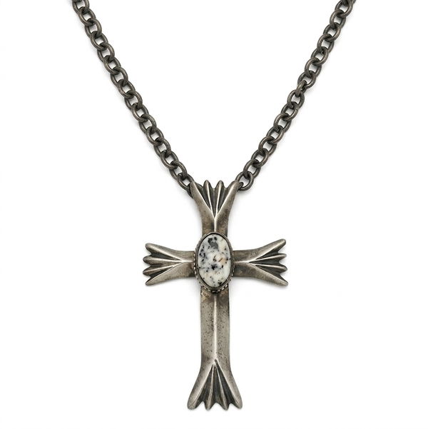 Closeup photo of Sterling Silver Cross Necklace With White Buffalo