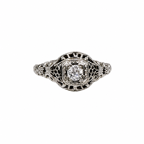 Closeup photo of 18K WG Art Deco .20ct OEC Diamond Filigree Ring 2.1g, s6.25