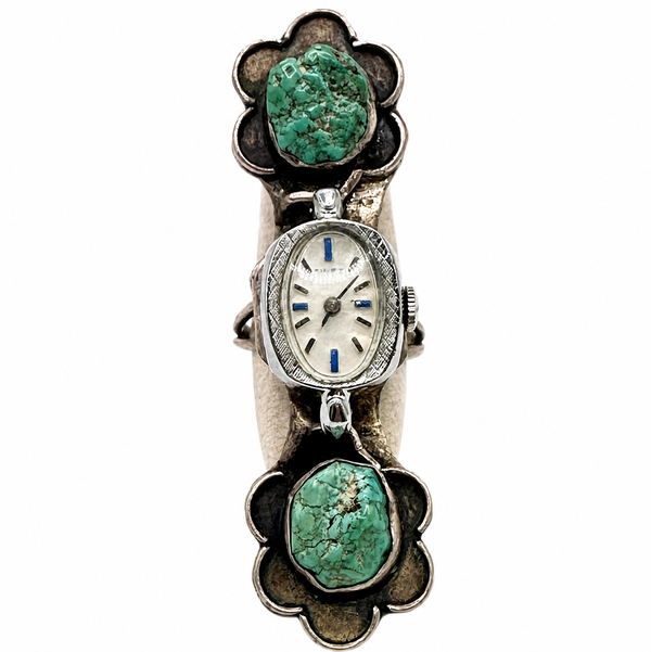 Closeup photo of 925 Sterling Native Navajo Turquoise Watch Ring 18.6g,