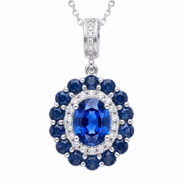 Closeup photo of 14K WHITE GOLD DIAMOND AND SAPPHIRE PENDANT WITH CHAIN