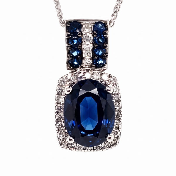 Closeup photo of 14K WHITE GOLD DIAMOND AND SAPPHIRE PENDANT WITH CHAIN