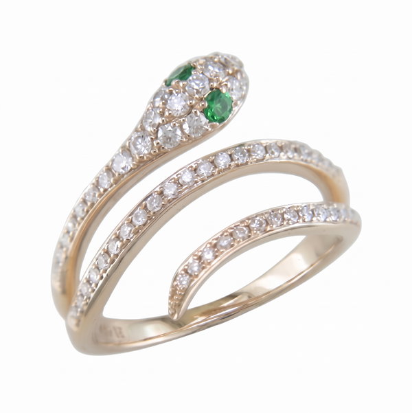 Closeup photo of 14K YELLOW GOLD DIAMOND AND TSAVORITE SNAKE RING