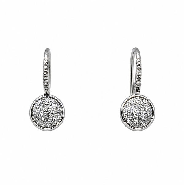 Closeup photo of 14K WG .30tcw Diamond Circle Drop Leverback Earrings 2.0g