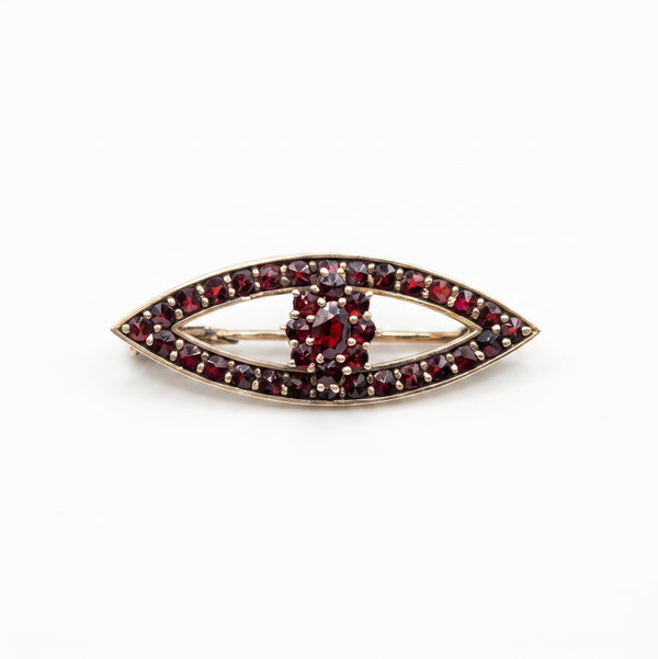 Closeup photo of 14K YG Bohemian 1tcw Garnet Mosaic Cluster Evil Eye Brooch 4.3g
