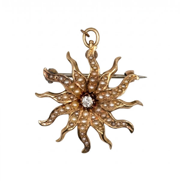 Closeup photo of 14K YG Victorian .08ct OEC Diamond & Seed Pearl Starburst Pendant Brooch 3.7g