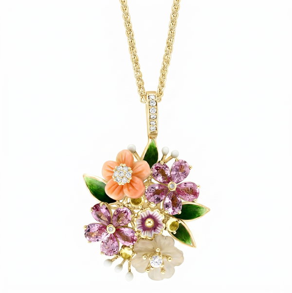 Closeup photo of 14K YELLOW GOLD DIAMOND, ROSE QUARTZ, MULTICOLOR SAPPHIRE, AND PINK MOTHER OF PEARL FLOWER ENAMEL PENDANT WITH CHAIN