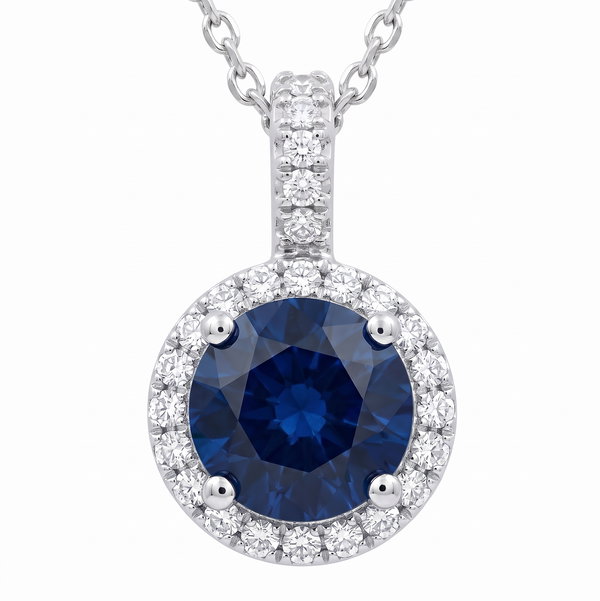 Closeup photo of 14K WHITE GOLD DIAMOND AND SAPPHIRE PENDANT WITH CHAIN
