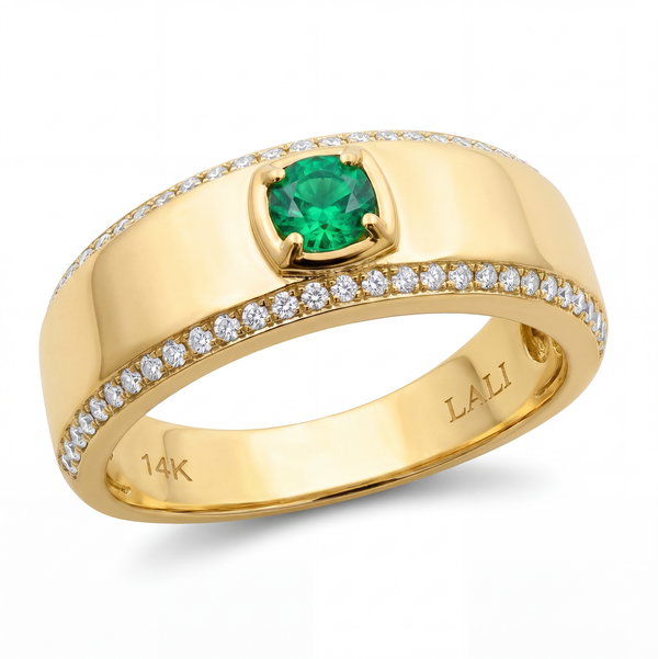 Closeup photo of 14K YELLOW GOLD DIAMOND AND EMERALD MEN'S RING