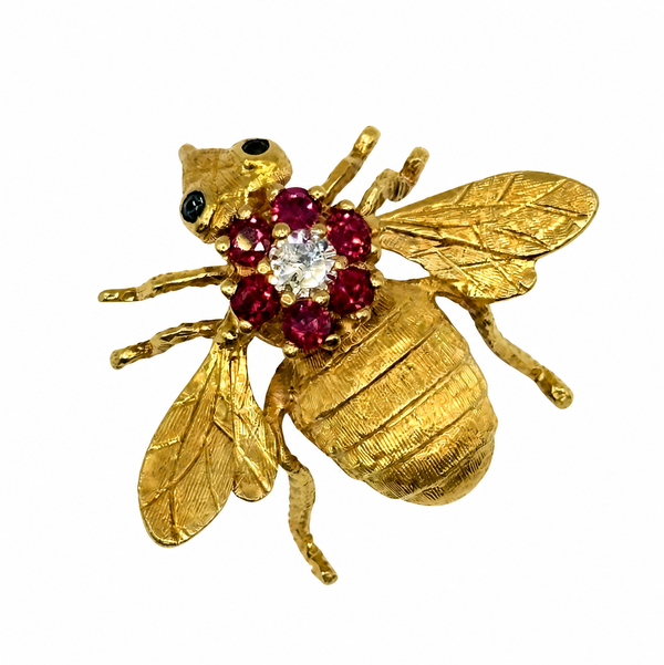Closeup photo of 18K YG Herbert Rosenthal .18ct Diamond, .40tcw Ruby & Sapphire BEE Pendant 9.8g
