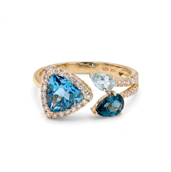 Closeup photo of 14k Yellow Gold .21ct Diamond and 1.85ct Blue Topaz Ring