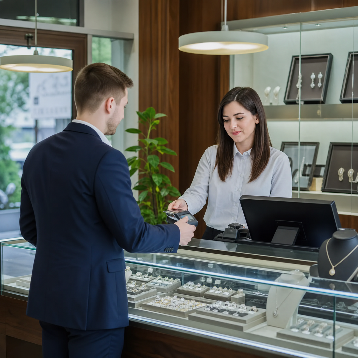 Male customer tapping card on payment terminal at a jewelry store counter while female staff processes the transaction