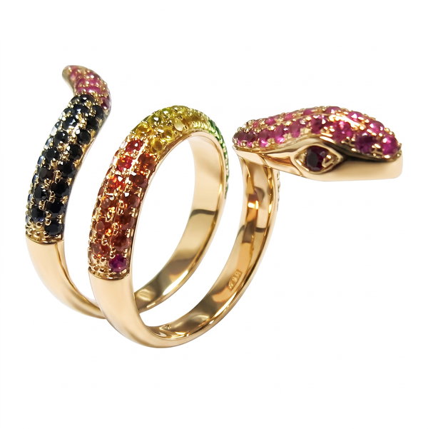 Closeup photo of 14K ROSE GOLD TSAVORITE, MULTICOLOR SAPPHIRE AND RUBY SNAKE RING